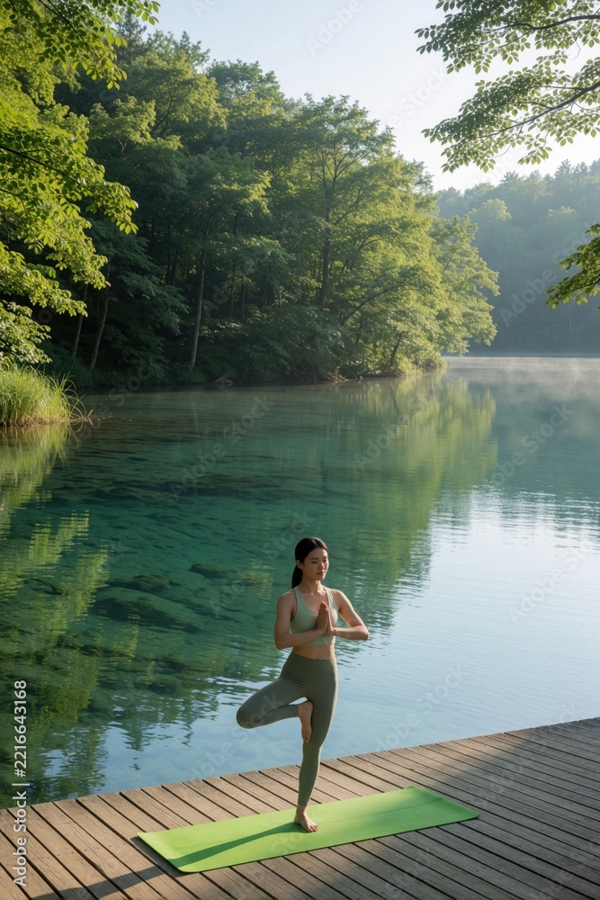 Fototapeta premium Young woman yoga on wooden pier by calm lake. Female yogi performs tree pose on green mat near forest. Peaceful nature landscape with clear water, green trees provides perfect place for meditation,