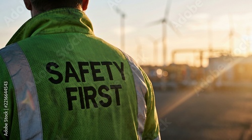 Worker in green high-visibility vest seen from behind at sunset with wind turbines, renewable energy workplace safety concept