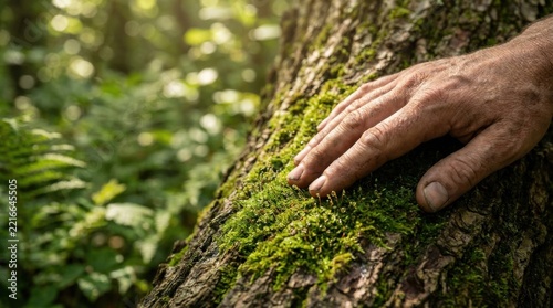 Human Hand Touching Moss Covered Tree Trunk in Forest
