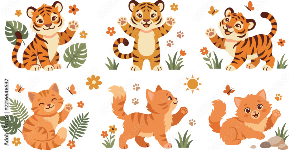 Fototapeta premium Cute Tiger and Cat Character Collection with Playful Poses, Tropical Leaves, Flowers, Butterflies and Wildlife Elements for Children's Illustration Design