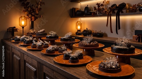 luxury halloween chocolate patisserie display, black glossy chocolate cakes and tartlets with white spun sugar spider web decoration on burnt orange terracotta cake stands and plates, arranged 
