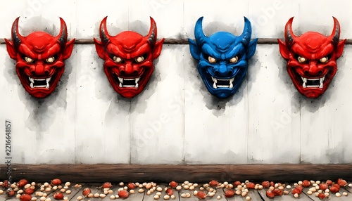 Red and blue oni masks hanging on a white wooden wall for setsubun