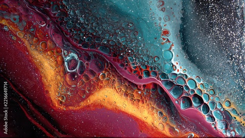 Vibrant acrylic cells flowing through colorful abstract liquid patterns

