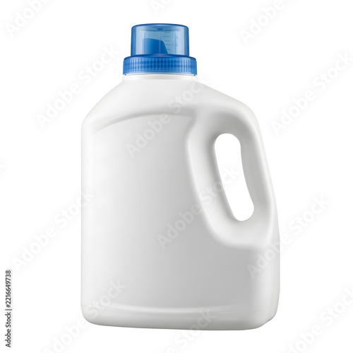 White plastic laundry detergent bottle with blue cap on transparent background