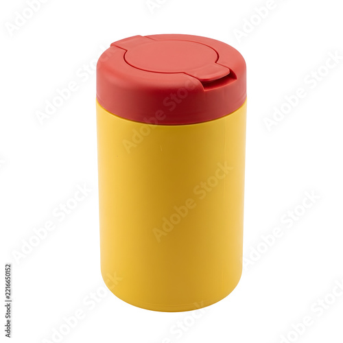 Yellow plastic canister with red flip top lid on transparent background