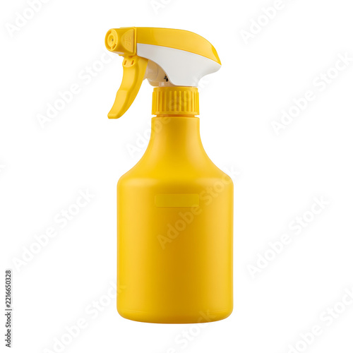 Yellow plastic spray bottle for cleaning on transparent background