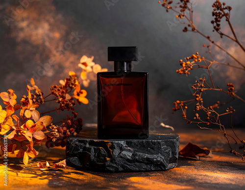 Dark Moody Luxury Autumn Fragrance: Moody autumn fragrance campaign featuring amber glass perfume bottle on stone