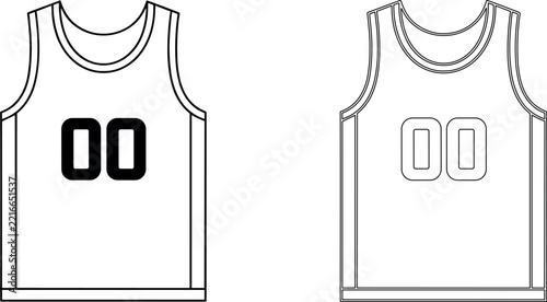 Professional basketball jersey outline icons with number zero zero on white background for minimalist sports apparel design.