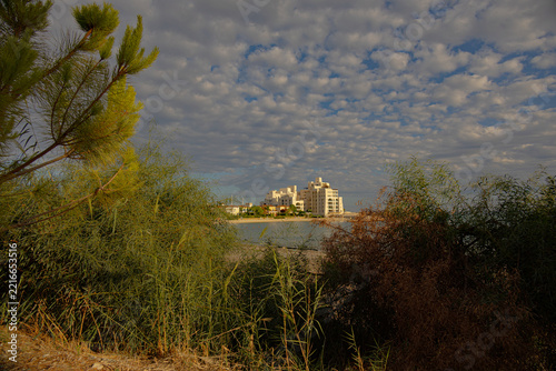 Limassol Marina waterfront with modern architecture and copy space
