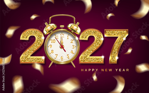 Golden 2027 numerals and alarm clock celebrate New Year against burgundy background with festive confetti.