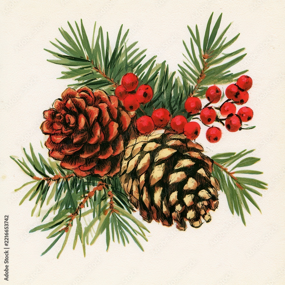 Naklejka premium Watercolor pine cones, evergreen needles, red berries festive botanical