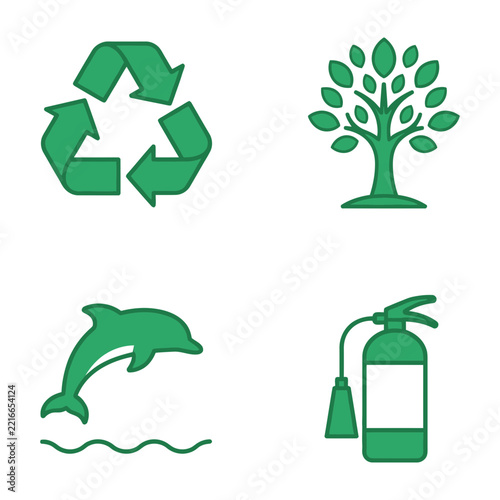 Green Recycling Tree Dolphin and Sprayer Icons Set on White Background