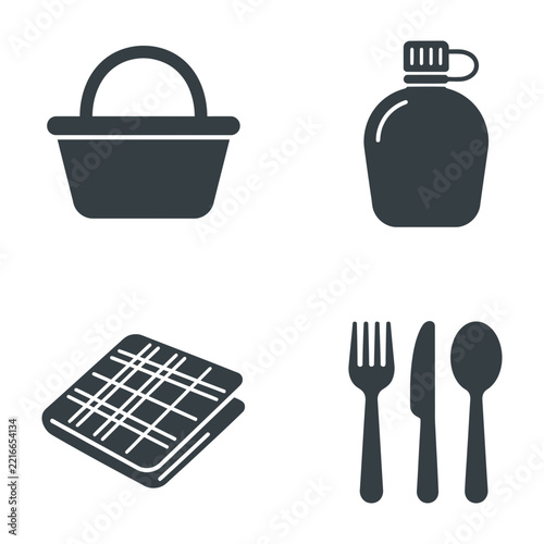 Dark minimalist camping gear icon set including basket, canteen, mat, and cutlery