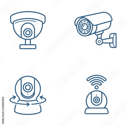 Blue Line Art Surveillance Camera Set, Dome and Bullet Cctv Icons, Isolated on White