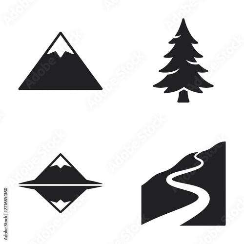 Minimalist Outdoor Icons: Mountain, Pine Tree, Winding Path, Reflection