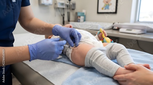Pediatric nurse administering vaccine to baby in clinical examination