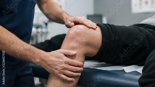Physical therapist manually stabilizing patient knee during