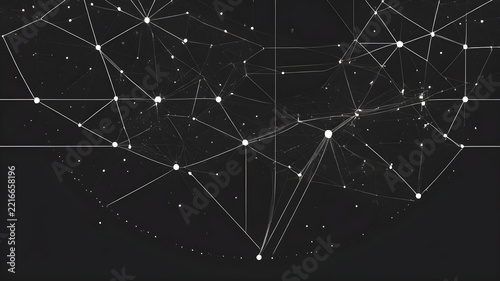 Abstract futuristic network background with connected white dots and lines on dark grey. Digital data grid concept, global communication technology.