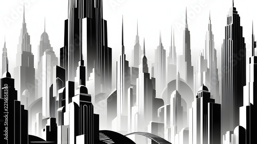 Dramatic Art Deco Black and White Cityscape Illustration Featuring Modern Skyscrapers and Urban Architecture, a Stylized Urban Horizon