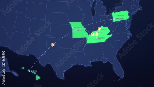 Dark United States Map with Highlighted States and Route Markers