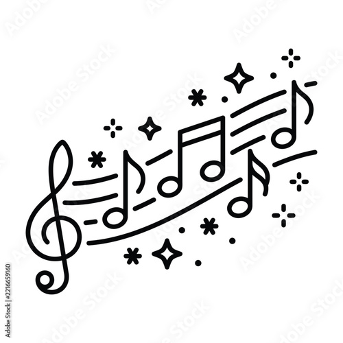 Musical notes staff with sparkling stars line icon music staff treble clef musical symbols