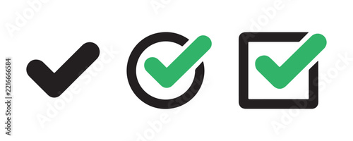 Collection of check mark icons in black and green in different shapes like simple curve circle and square.