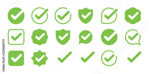 Lime green checkmark icons set on checkered background for checklist and choice validation signs.