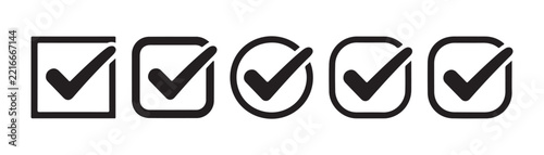 Minimalist black tick mark line icons in boxes for digital checklist and interface validation.
