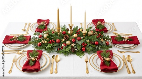 Elegant Christmas Table Setting with Festive Red and Green Decorations, Candles, Pine Branches, Ornaments, and Holiday Celebration Details