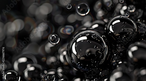 Vibrant water droplet macro, deep obsidian black bubbles, dark moody background, glossy mirror-like reflections, various sizes packed closely, dramatic abstract liquid art