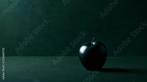 Deep forest-green plaster becomes a sophisticated minimal Halloween background through a single matte-black apple placed off-center beneath focused side light