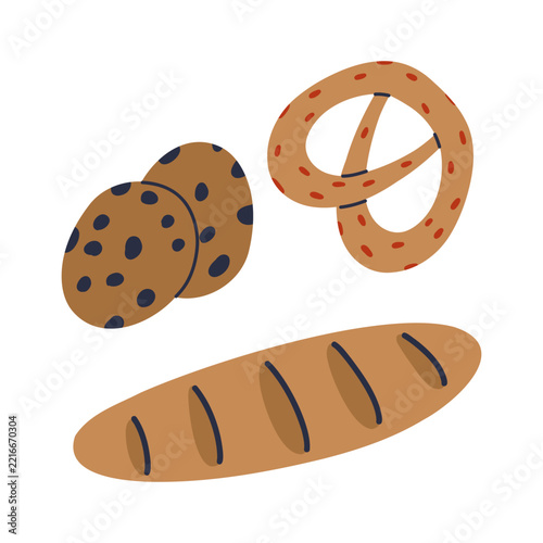 Flat Bakery Set with Bread Loaf, Roll and Cookies