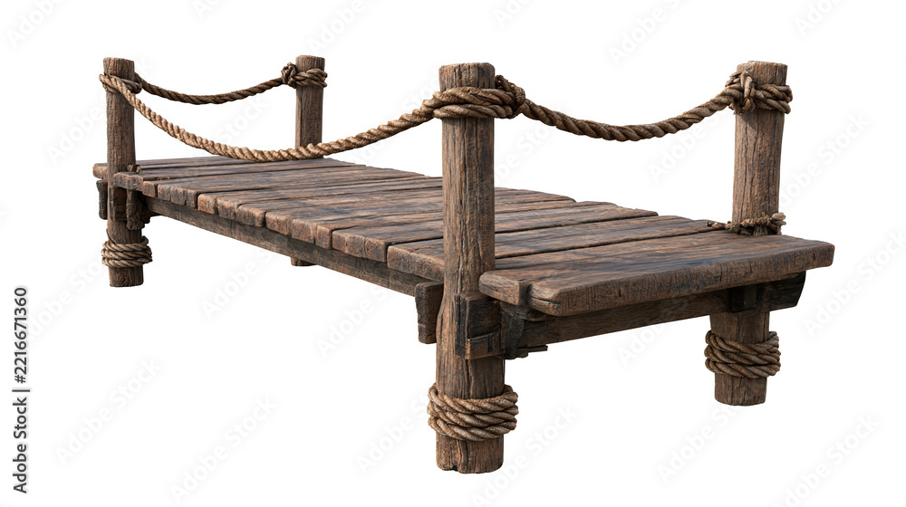 Naklejka premium Wooden rope bridge dock with planks, rustic walkway