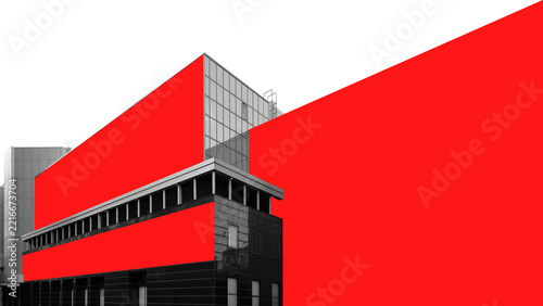Monochrome modern building framed by bold red geometric planes on white background in collage. Architecture branding, commercial property, construction services concept.