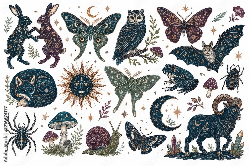 Fototapeta premium Vintage woodland animals and insects celestial illustration set