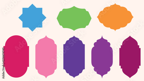 Colorful Islamic Style Arch Frames and Moroccan Shape Collection, Vibrant Vector Labels and Banners Illustration.