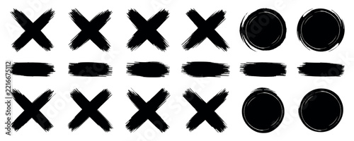 Set of Black Grungy brush Cross and Circle Symbols Collection, Hand Drawn Marker Style Icons and Vector Illustration.