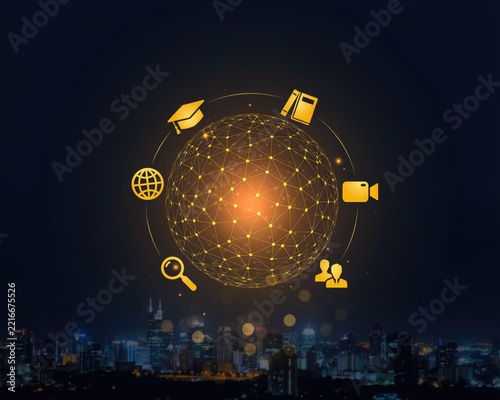 Glowing digital globe with education and communication icons over a city skyline