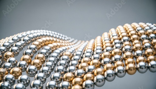 Abstract 3D Flowing Wave Made of Shiny Gold and Silver Metallic Spheres on Light Background