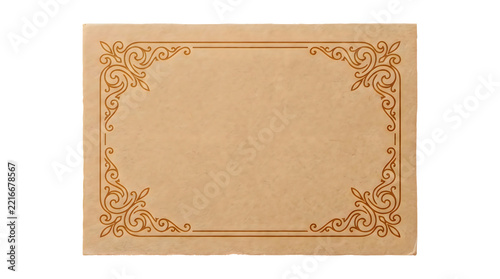 Rectangular tan paper card featuring an brown filigree border with ornate corner flourishes, isolated on a white background