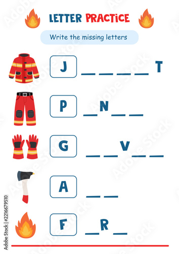 Firefighter Letter Practice Worksheet for Kids – Missing Letters Educational Activity