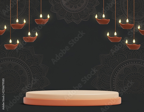 Diwali Diya Stage With Hanging Oil Lamps And Mandala Backdrop On Dark Podium