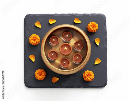 Diwali Diyas and Marigold Flowers in Brass Bowl Top View – Festival of Lights Decoration