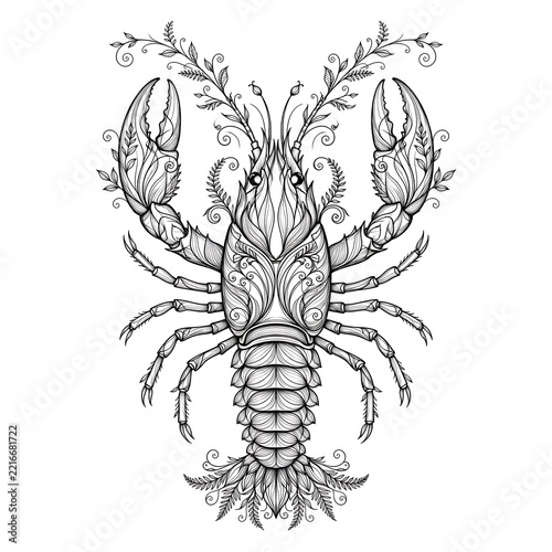 Intricate Line Art Illustration of a Stylized Lobster with Floral Ornaments.