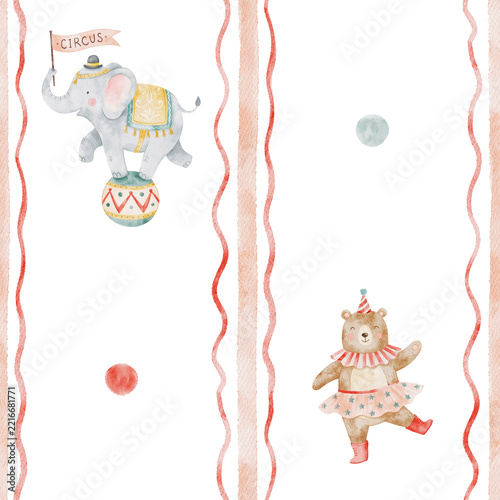 Cute circus pattern. Drawn watercolor bear, elephant. Seamless stripes, dots.