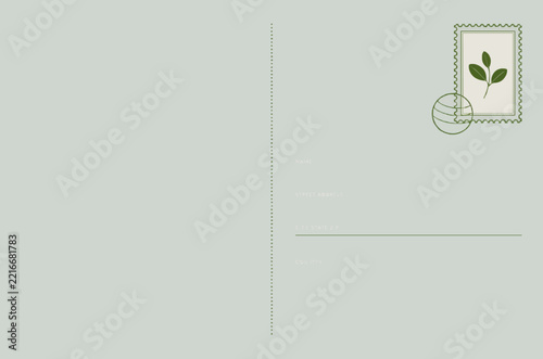 Minimalist postcard template with green leaf stamp