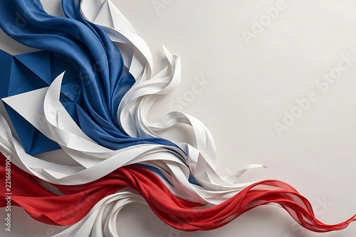 Abstract flowing fabric in red white and blue colors against a light background.