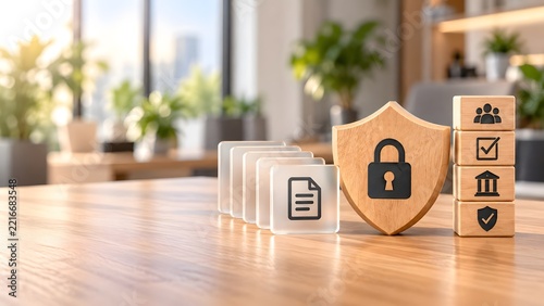 Wooden Security Shield And Conceptual Blocks For Corporate Compliance Data Privacy And Trusted Business Governance