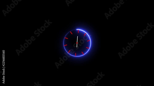 Glowing neon Clock animation. circle analog watch icon. Reverse clock animation showing time running. abstract analog clock animation background. 
