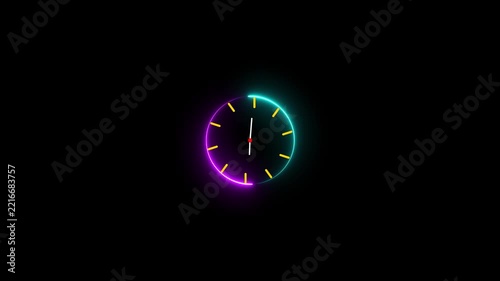Glowing neon Clock animation. circle analog watch icon. Reverse clock animation showing time running. abstract analog clock animation background. 